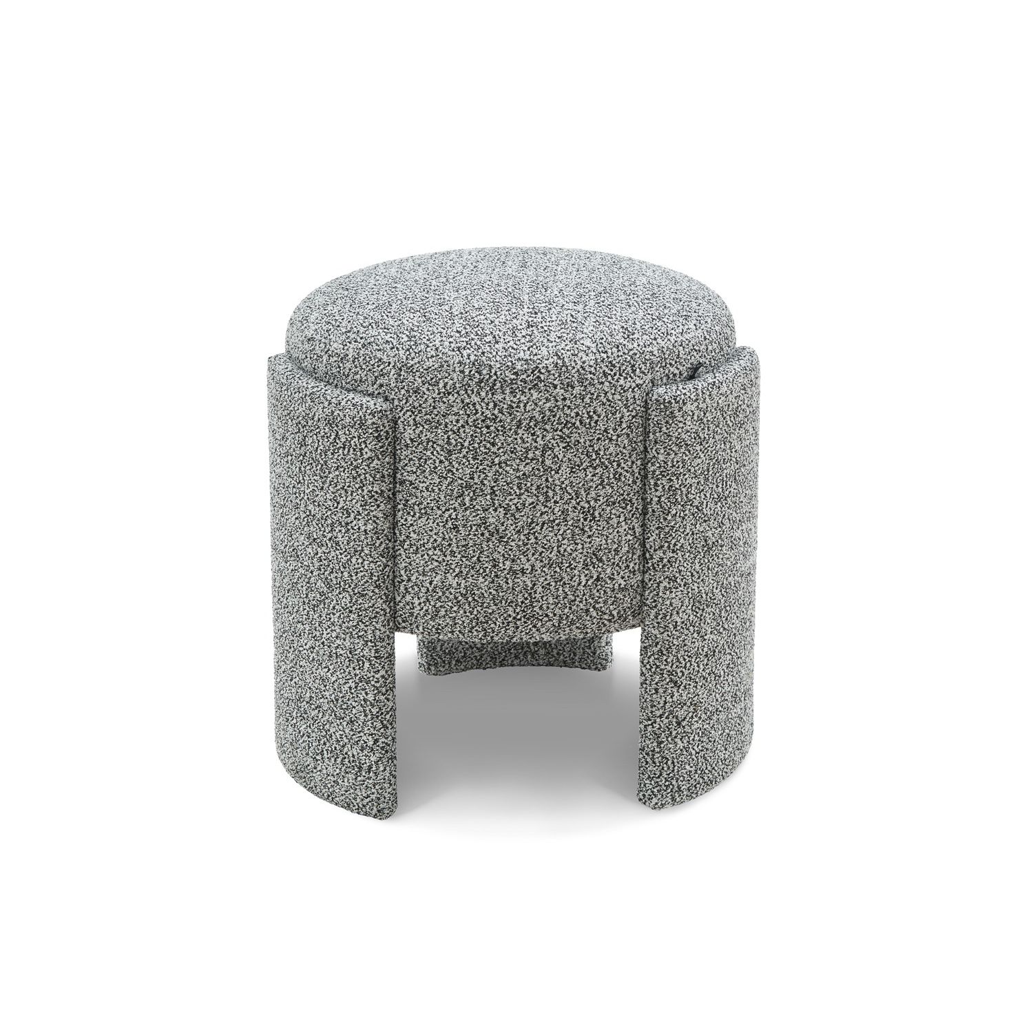 Small round stool upholstered in speckle grey fabric with wide legs overlapping the seat
