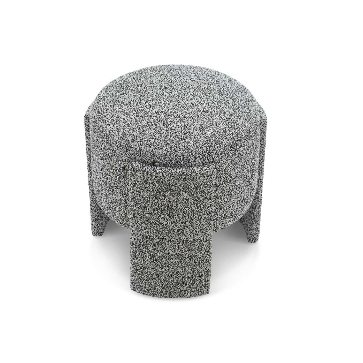 Small round stool upholstered in speckle grey fabric with wide legs overlapping the seat