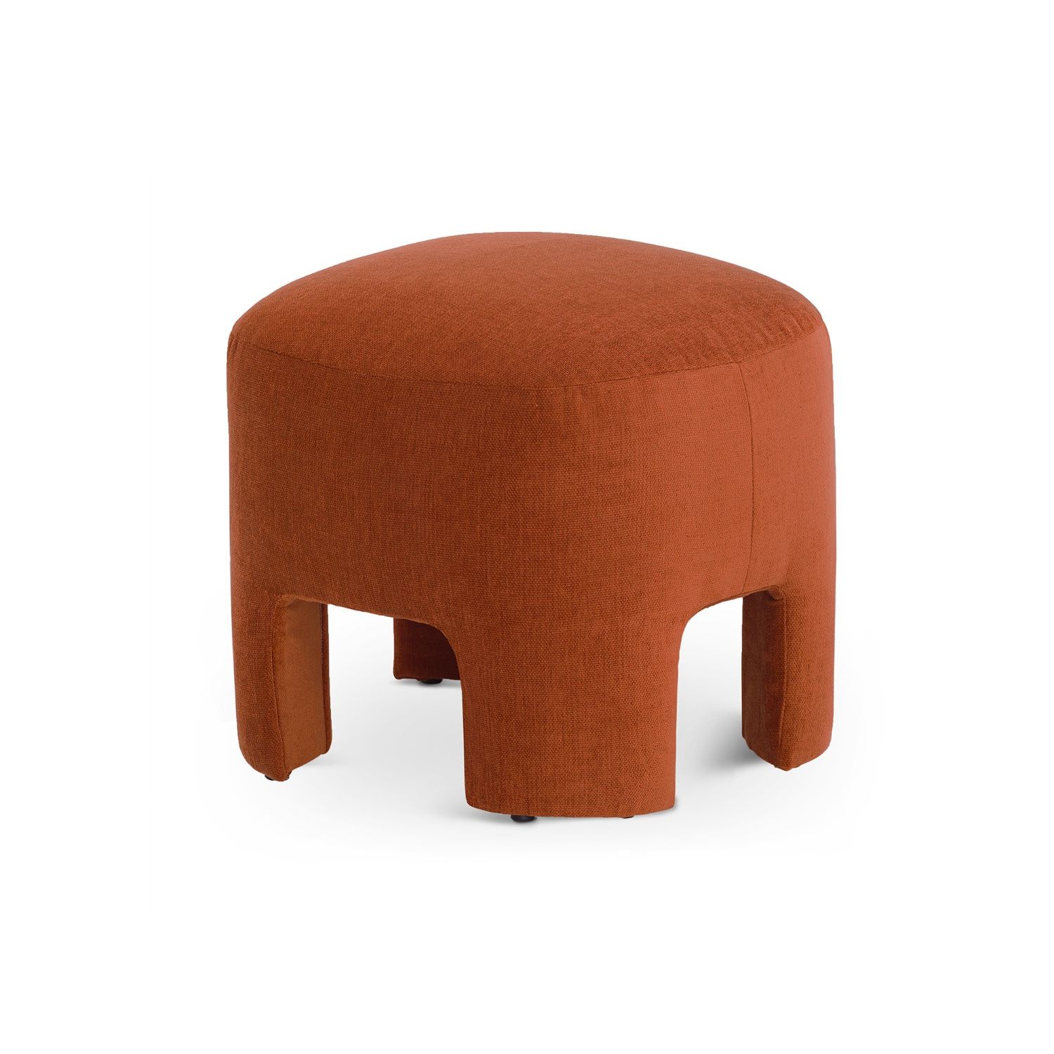 Rounded silhouette footstool with short, wide legs upholstered in rust coloured fabric