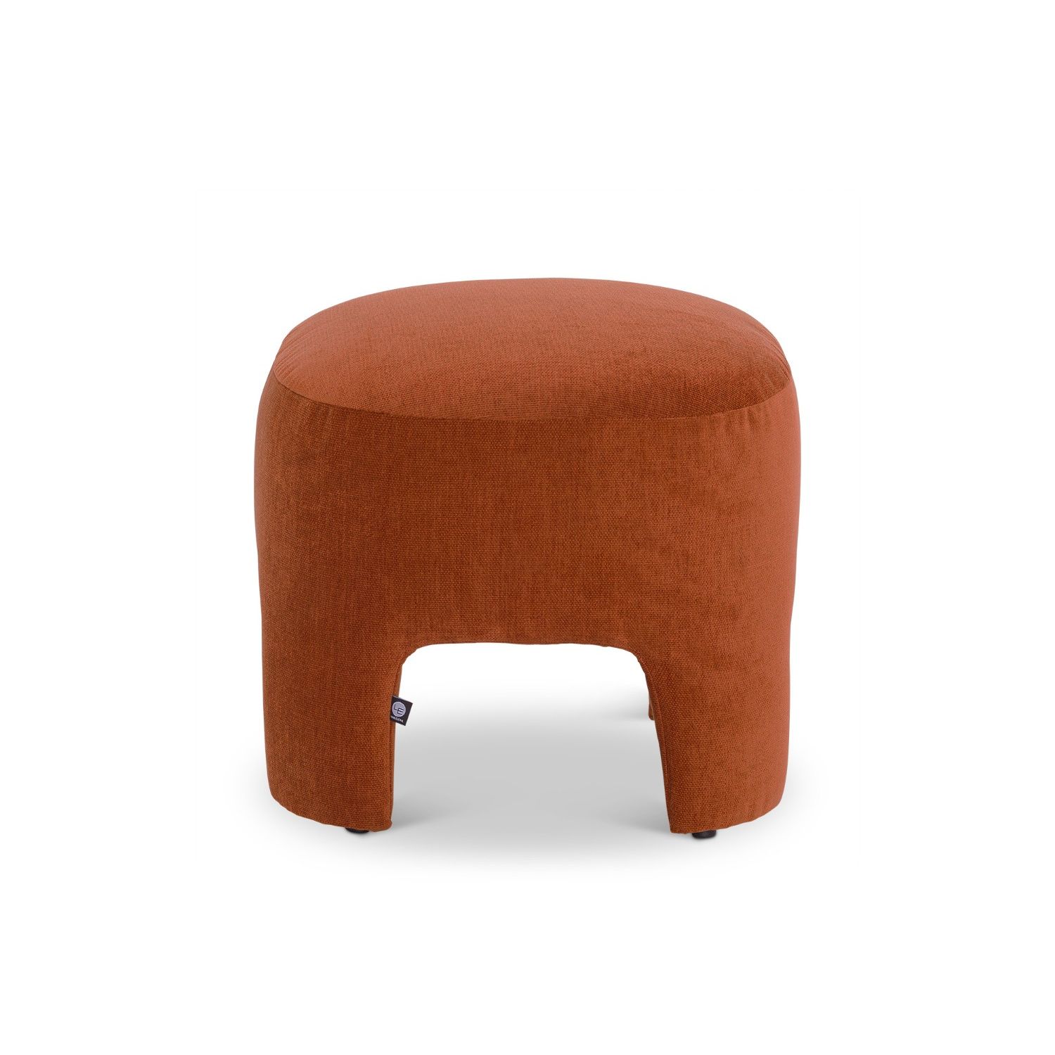 Rounded silhouette footstool with short, wide legs upholstered in rust coloured fabric