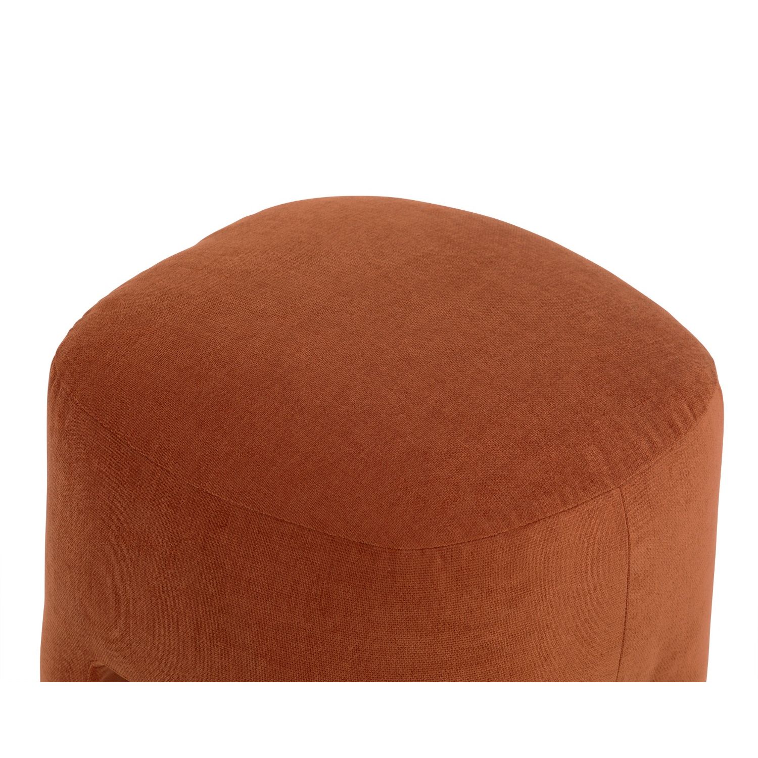 Rounded silhouette footstool with short, wide legs upholstered in rust coloured fabric