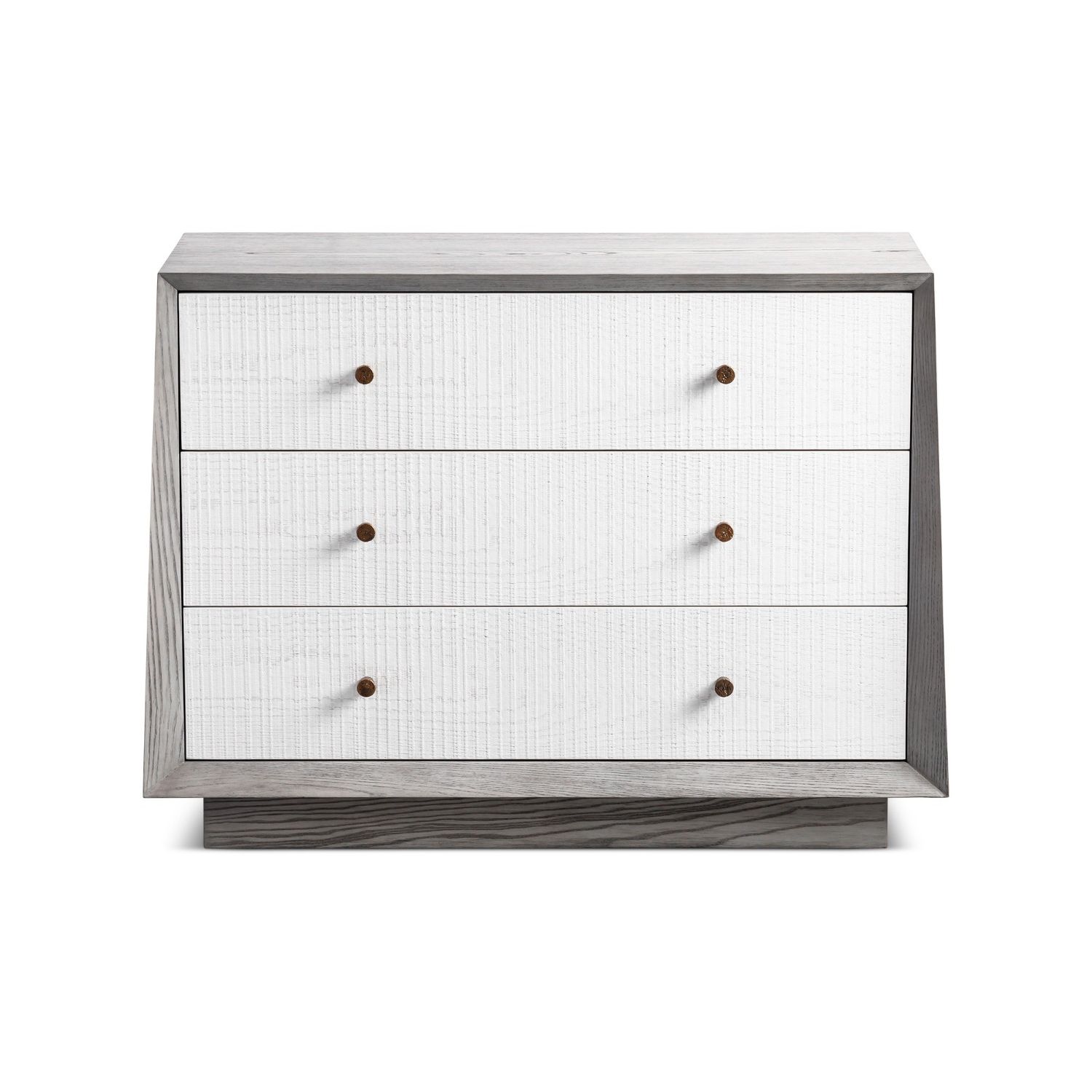 A luxury chest of drawers with a grey and white wood finish