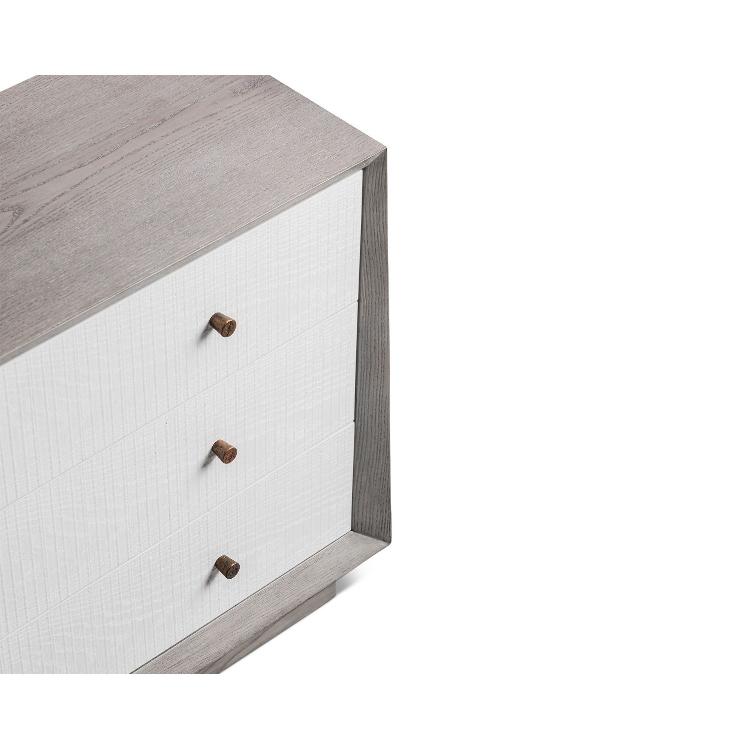 A luxury chest of drawers with a grey and white wood finish