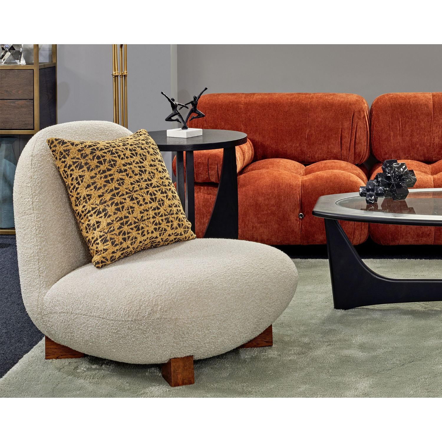 Elegant chair with boucle sand fabric upholstery and brown solid wooden legs