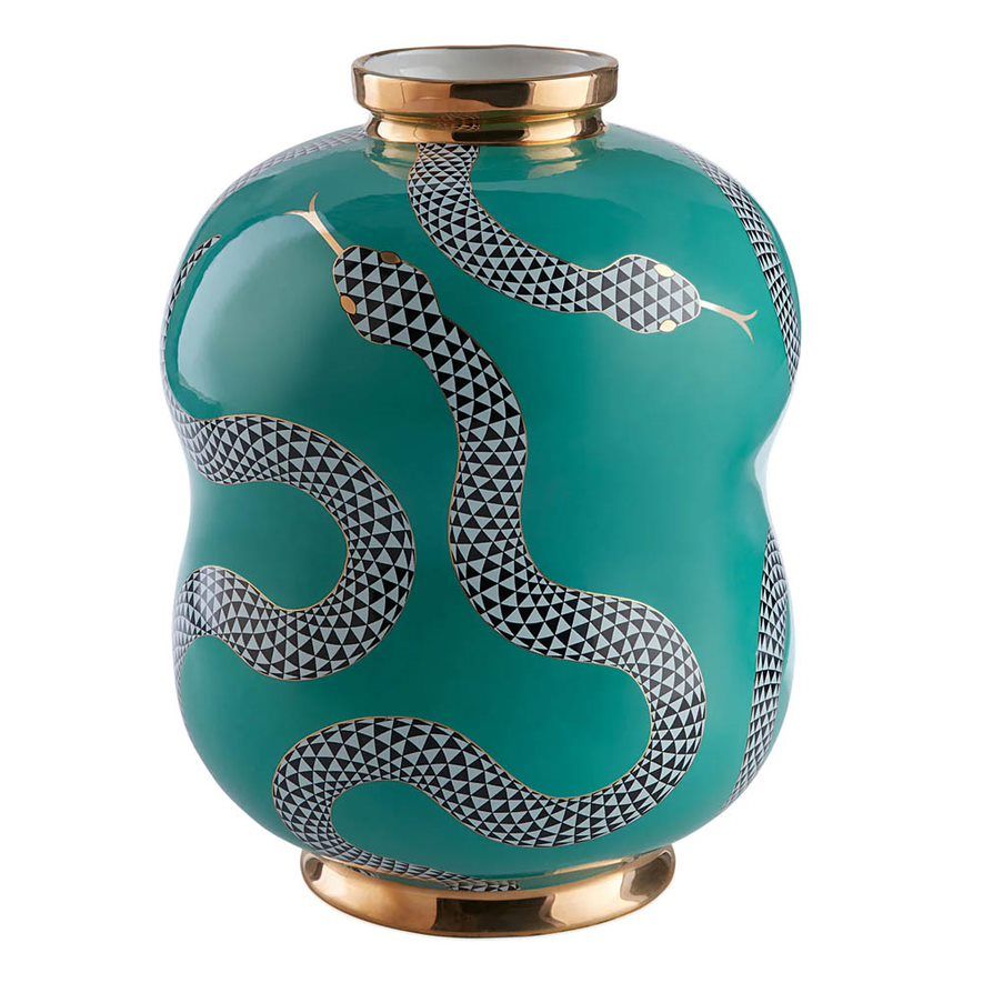 A teal curvaceous vase by Jonathan Adler with white and gold snake illustrations