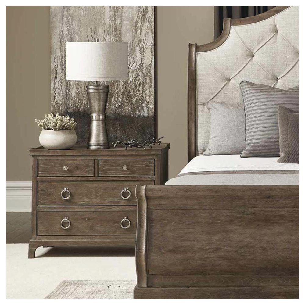 Dark wood interior trends blog, image showing the Bernhardt Rustic Patina 4-Drawer Bedside Table